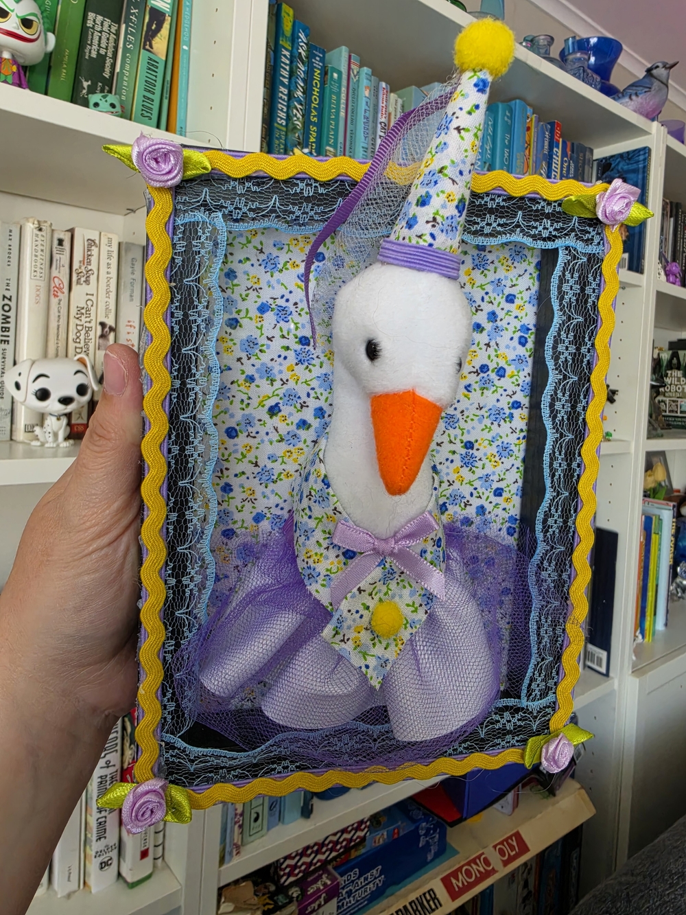 Handmade Decorative Plush White Bird Wall Art – Purple & Yellow Accents